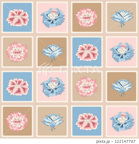 Chintz floral seamless pattern. Modern flower in rectangle frames endless background. Farmhouse continuous ornament with wildflower motif. Vector hand drawn illustration. 122147787
