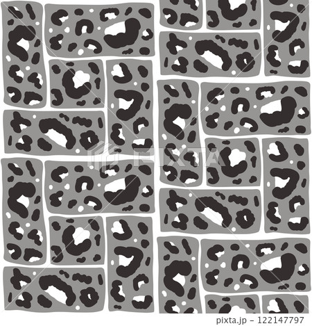 Leopard grey monochrome camouflage seamless pattern. Animal print black and white endless background. Cheetah or panther skin texture modular repeat bg. Bento grid ornament. Vector illustration 122147797