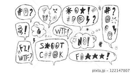 Speech bubbles with swear words. Outline crayon doodle text. Bad emotion on social media public chat dialog boxes. Aggressive swearwords. Haters signs. Vector hand drawn illustration 122147807