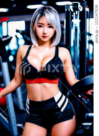 トレーニングウエア　ジムでトレーニングする若い女性　 [AI生成画像] 122147836