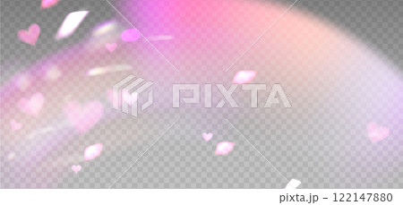 Prism pink light flare effect in motion, lovely light overlay background with warm shine of crystal glass, heart shiny glow. Prism light dispersion with rays and shiny glares effect. Vector 122147880