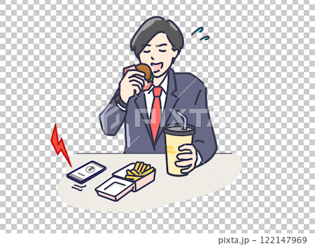 一個穿著西裝的忙碌男人匆忙吃快餐的插圖 122147969