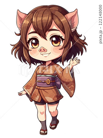 和装の女の子：猪の十二支擬人化（干支：亥） 122148000