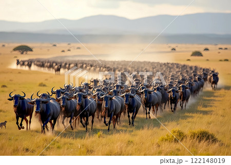 herd of african horses grazing on the road 122148019