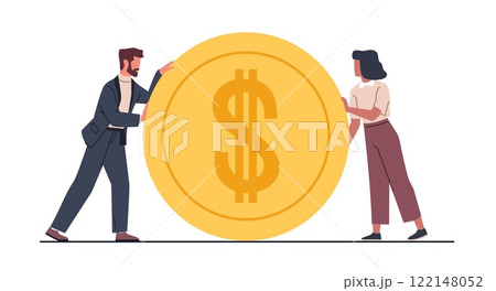 Businessmen and businesswomen pushing gold coin. Man and woman rolls huge money. Finance earning or savings, investment symbol, golden currency, cartoon flat isolated vector concept 122148052