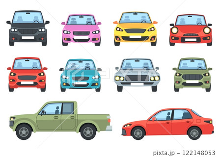 Car set. Front and side view transport, automobile different colors sedan and wagon, city pickup and hatchback. Urban autos collection. Vector cartoon flat isolated simple illustration 122148053