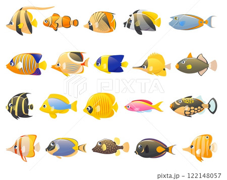 Cartoon tropical fish. Exotic aquarium life, bright colorful underwater inhabitants, ocean wildlife, patterned marine creations, Caribbean sea undersea goldfish vector isolated set 122148057