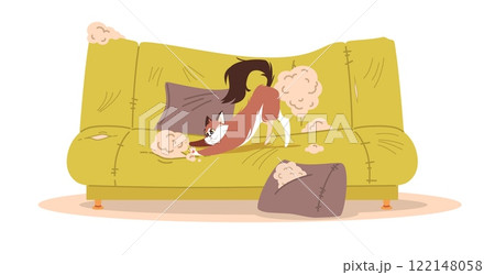 Cat scratched couch. Pet bed behavior. Domestic playfulness animal at home, nasty kitten destroying furniture. Living room with damaged dirty sofa. Cartoon flat isolated vector concept Cat scratched couch. Pet bed behavior. Domestic playfulness animal at home, nasty kitten destroying furniture. Living room with damaged dirty sofa. Cartoon flat isolated vector concept 122148058