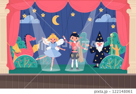 Child puppet theater scene with marionettes. Childish entertainment show, toys dolls actors and scenery. Happy boys and girls fairytale performance. Cartoon flat isolated vector concept Child puppet theater scene with marionettes. Childish entertainment show, toys dolls actors and scenery. Happy boys and girls fairytale performance. Cartoon flat isolated vector concept 122148061