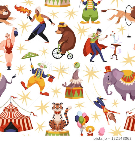 Circus show performers and animals seamless pattern. Chapiteau artists, circus tent, clown, strongman, magician. Textile, wrapping, wallpaper design. Print for fabric, tidy vector background 122148062