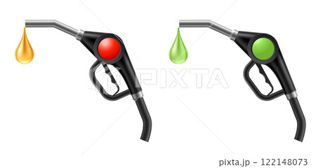 Fueling gun with drop gasoline. Auto benzine and biodiesel, transport refueling on gas station. Nozzle and hose, oil drop. Eco petroleum. Ecological auto diesel cartoon flat vector concept 122148073