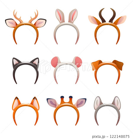 Funny party headbands. Animal horns and ears, photo booth props, cartoon kids birthday head accessories, cute masquerade elements, festive carnival costume, horns and ears vector isolated set Funny party headbands. Animal horns and ears, photo booth props, cartoon kids birthday head accessories, cute masquerade elements, festive carnival costume, horns and ears vector isolated set 122148075