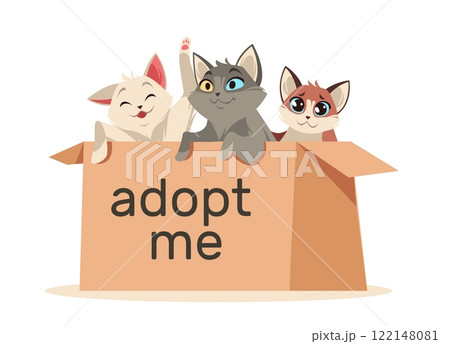 Kittens sitting in cardboard box. Homeless domestic animals find home, charity and adoption promotion, little cats, banner design or card, media post. Cartoon flat isolated vector concept Kittens sitting in cardboard box. Homeless domestic animals find home, charity and adoption promotion, little cats, banner design or card, media post. Cartoon flat isolated vector concept 122148081