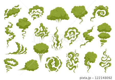 Toxic smoke. Bad smelling steams, chemical vapor, green acid gas, swirling, flowing and evaporating effect, stinky fart, poison clouds and fog, nowaday vector cartoon flat isolated set Toxic smoke. Bad smelling steams, chemical vapor, green acid gas, swirling, flowing and evaporating effect, stinky fart, poison clouds and fog, nowaday vector cartoon flat isolated set 122148092