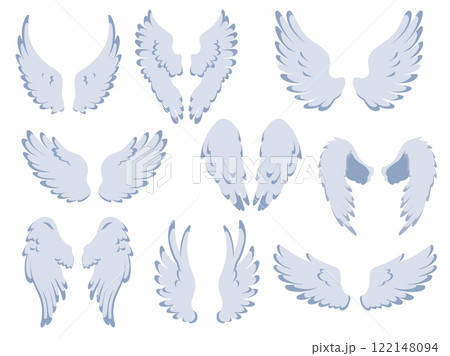 White angel wings. Cartoon holy heaven elements, bird feathers, flying objects, dove of peace parts, different positions, spans, beautiful flight animals, freedom and heaven vector isolated set White angel wings. Cartoon holy heaven elements, bird feathers, flying objects, dove of peace parts, different positions, spans, beautiful flight animals, freedom and heaven vector isolated set 122148094