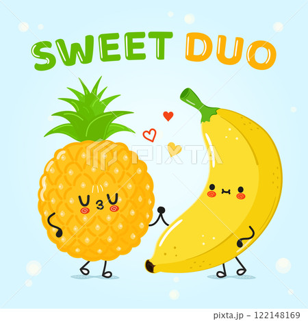Cute pineapple and banana holding hands on blue background 122148169
