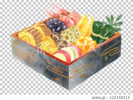 美味しそうなおせちの水彩イラスト 122148313