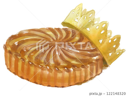 フランスの伝統菓子ガレット・デ・ロワと王冠の水彩イラスト 122148320