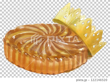 フランスの伝統菓子ガレット・デ・ロワと王冠の水彩イラスト 122148320