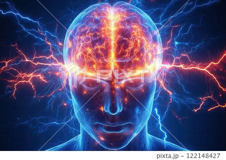 3d image of Electrical activity of the human brain. Human brain digital illustration. Electrical activity, flashes and lightning on a blue background 3d image of Electrical activity of the human brain. Human brain digital illustration. Electrical activity, flashes and lightning on a blue background 122148427