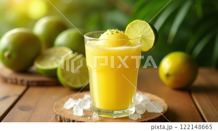 Fresh Trinidadian lime sherbet served in a glass with vibrant garnishes Fresh Trinidadian lime sherbet served in a glass with vibrant garnishes 122148665