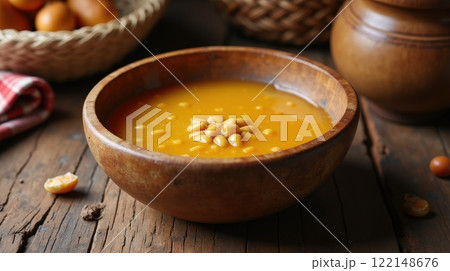 Traditional wooden bowl of chicha with corn kernels in South America Traditional wooden bowl of chicha with corn kernels in South America 122148676