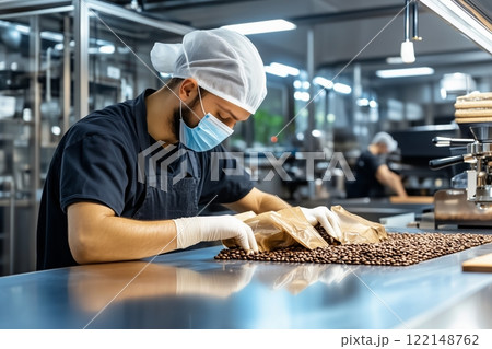 Industrial Coffee Packaging. Factory Worker Wearing Mask and Gloves Packing Fresh Roasted Coffee Beans in Sealed Pouches on Production Line. Quality Assurance and Hygiene Concept. AI generated Industrial Coffee Packaging. Factory Worker Wearing Mask and Gloves Packing Fresh Roasted Coffee Beans in Sealed Pouches on Production Line. Quality Assurance and Hygiene Concept. AI generated 122148762