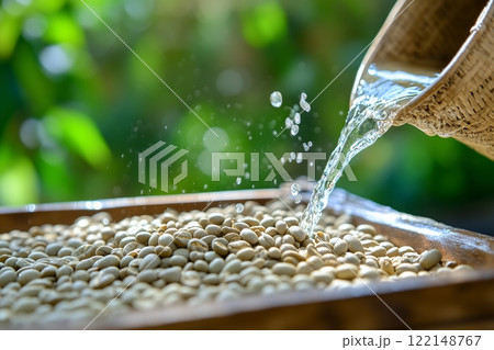 Washing Coffee Beans. Freshly Harvested Coffee Beans Being Washed with Clear Water in Sunlight. Organic and Natural Processing for High-Quality Coffee Production. AI generated 122148767