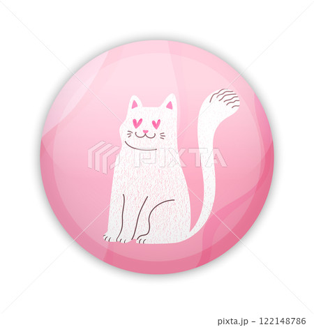 Glossy badge button with cute white cat in love. Round plastic pin. Vector illustration Glossy badge button with cute white cat in love. Round plastic pin. Vector illustration 122148786