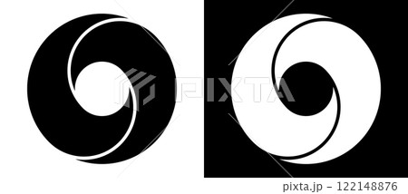 Rotating art lines in circle shape as design element, logo or icon. A black figure on a white background and an equally white figure on the black side. Rotating art lines in circle shape as design element, logo or icon. A black figure on a white background and an equally white figure on the black side. 122148876