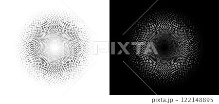 Modern abstract background. Halftone dots in circle form. Sun concept. Vector dotted frame. Design element or icon. Black shape on a white background and the same white shape on the black side. Modern abstract background. Halftone dots in circle form. Sun concept. Vector dotted frame. Design element or icon. Black shape on a white background and the same white shape on the black side. 122148895