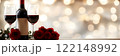 Valentines banner, bokeh background, bottle of red wine, wine glass, bouquet of red roses, empty space. Template for Valentine's Day menu advertisements, anniversaries, celebrations, mock up. 122148992