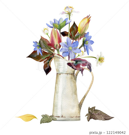 Spring flowers, yellow and red tulip, blue hepatica forget-me-not, white forest anemone primrose, ivy in jug vase hand drawn in watercolor. Bouquet illustration for wedding, florist shop, stationery. Spring flowers, yellow and red tulip, blue hepatica forget-me-not, white forest anemone primrose, ivy in jug vase hand drawn in watercolor. Bouquet illustration for wedding, florist shop, stationery. 122149042