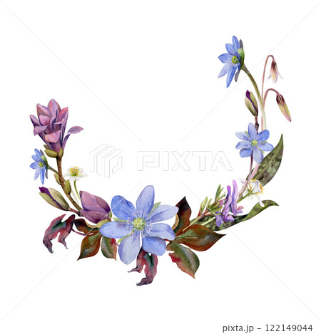 Spring forest flowers, white trout lily buds, purple corydalis orchid, magnolia camelia, blue hepatica forget-me-not, hand drawn in watercolor. Wreath frame illustration for wedding, florist shop 122149044