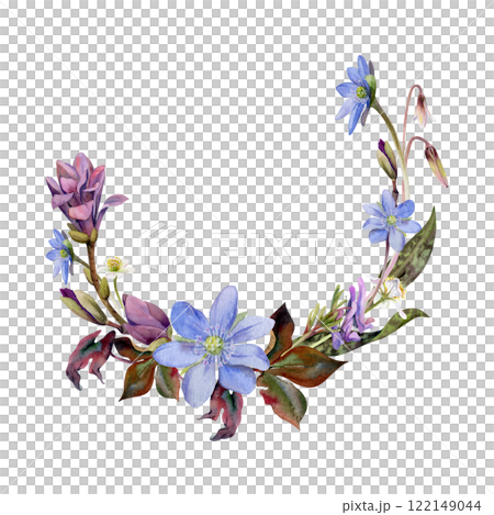 Spring forest flowers, white trout lily buds, purple corydalis orchid, magnolia camelia, blue hepatica forget-me-not, hand drawn in watercolor. Wreath frame illustration for wedding, florist shop 122149044