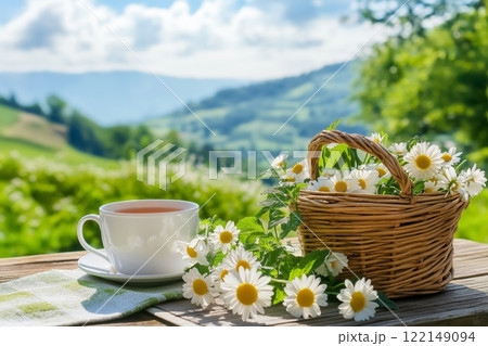 Basket of Fresh Chamomile Flowers and Cup of Tea on Wooden Table. Picturesque Backdrop of Green Hills and Clear Sky. Relaxing Moment Capturing Natural Harmony. Herbal Tea Themes. AI generated 122149094