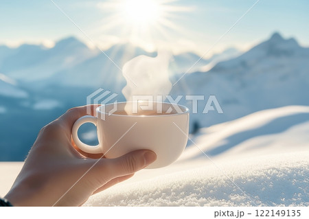 Hand Holding Tea Cup On Snowy Mountain Peak. Warm Steam Rising From Beverage. Bright Sunlight And Blue Sky Create Stunning Winter Landscape. AI generated Hand Holding Tea Cup On Snowy Mountain Peak. Warm Steam Rising From Beverage. Bright Sunlight And Blue Sky Create Stunning Winter Landscape. AI generated 122149135