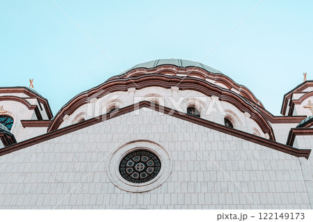 Belgrade, Serbia- 10162024: The Temple Of Saint Sava indoor interior, people pray in an Orthodox church, frescoes on the ceilings and walls of the church Belgrade, Serbia- 10162024: The Temple Of Saint Sava indoor interior, people pray in an Orthodox church, frescoes on the ceilings and walls of the church 122149173