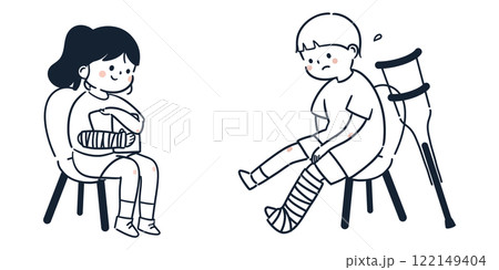 骨折してギプスを装着している子どもたちのシンプルでかわいいイラスト 122149404