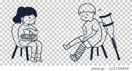 骨折してギプスを装着している子どもたちのシンプルでかわいいイラスト 122149404