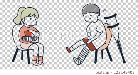Simple and cute illustrations of children with broken bones and wearing casts 122149405