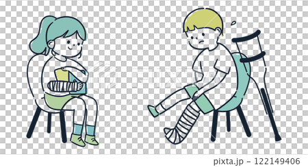 Simple and cute illustrations of children with broken bones and wearing casts Simple and cute illustrations of children with broken bones and wearing casts 122149406