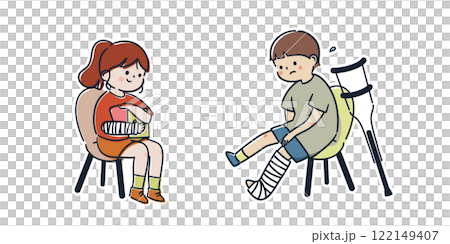 Simple and cute illustrations of children with broken bones and wearing casts 122149407