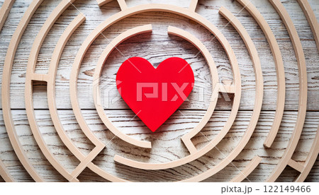 Red Heart at the Center of Wooden Maze Symbolizing Love and Relationships 122149466