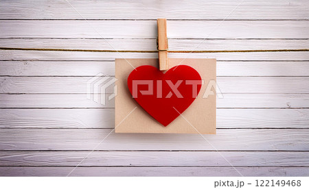 Red Heart and Brown Card Hanging on Rope with Clothespin and Wooden Wall Red Heart and Brown Card Hanging on Rope with Clothespin and Wooden Wall 122149468