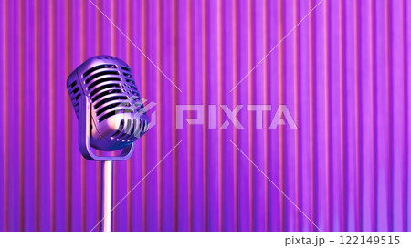 retro dynamic microphone on purple wooden background 122149515