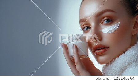 Skin care concept beauty photo of gorgeous woman holding face cream jar.Macro.AI Generative. 122149564