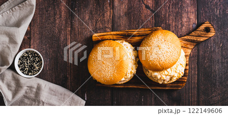 Salad burger with eggs, tomatoes, garlic and cheese on a board on a table top view web banner Salad burger with eggs, tomatoes, garlic and cheese on a board on a table top view web banner 122149606