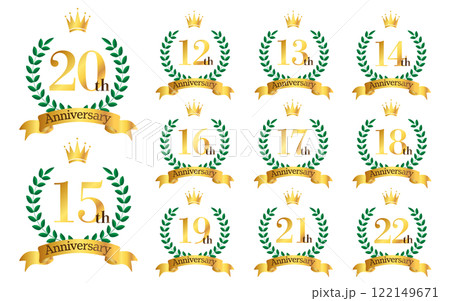 12～22周年イラスト　月桂樹の葉と王冠とリボンのマーク　アイコンセット 122149671