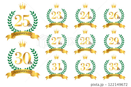 23～33周年イラスト　月桂樹の葉と王冠とリボンのマーク　アイコンセット 122149672